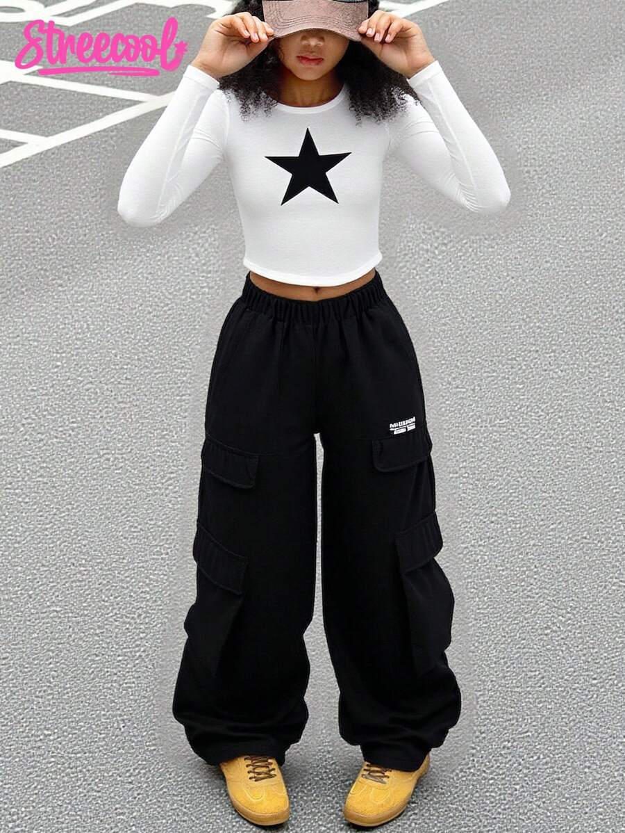 SHEIN Explorewe Áo họa tiết ngôi sao cho bé gái tuổi mới lớn kèm quần Cargo nhiều túi, trang phục thường ngày 2 món - trắng - Xem 1