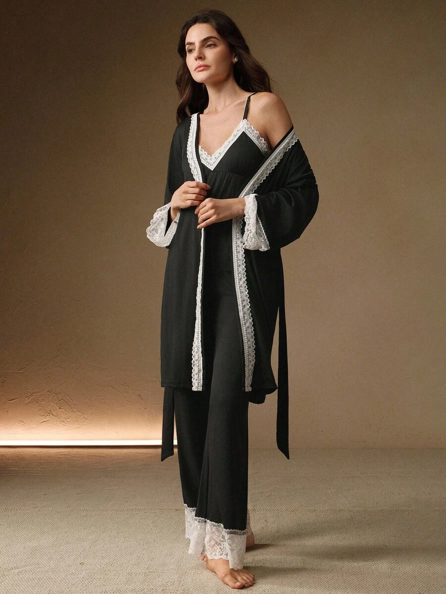 Anewsta 3件套优雅蕾丝拼接女士睡衣套装，适合假日和冬季穿着 - 黑色 - 查看 1