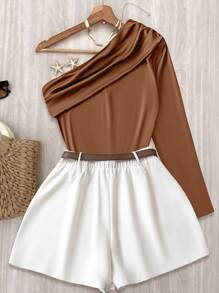 INAWLY Plus Size Solid Color Oblique Shoulder Top And Shorts 2 Pieces Set Fall Cloth For Women - Brown - View 2