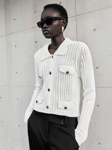 Lumivelle Chaqueta casual de manga larga con botones metálicos decorativos de unicolor - Blanco - Ver 3