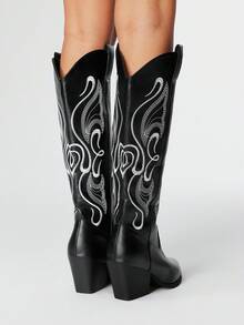 ROMWE Fairycore Damen Spitzschuh Plateau-Absatz Stickerei Western Cowboy Stiefel, Lederobermaterial, kniehohe Länge, Outdoor Mode, Herbst/Winter