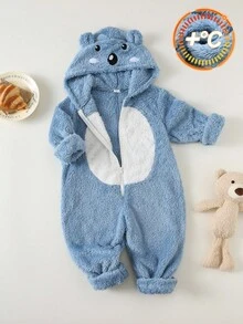 SHEIN 小男孩可爱宽松舒适刺绣3D动物毛绒连体裤，保暖内衬厚款，适合秋冬季