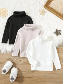 SHEIN 3pcs/Set Baby Boys/Girls Casual Elastic Comfortable High Collar Base Layer Top, Thermal Lined, Soft, Solid Color, Versatile For Autumn/Winter Baby Turtleneck Sweater Baby Solid Color Turtleneck Toddler Turtleneck Shirt Baby Long Sleeve Turtleneck Baby Knit Turtleneck Fall