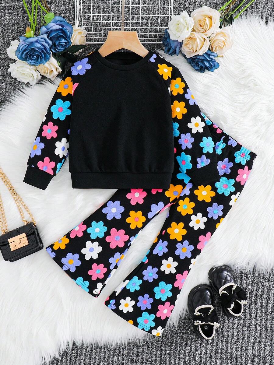 SHEIN مجموعة فتاة صغيرة قطعتين ، بلوزة كاجوال ملونة ذات طباعة زهرية/نقشة زهرية ، وبنطلون بنمط لباس الأطفال مع أكمام راجلان ، مناسبة للارتداء اليومي والمدرسي في فصلي الخريف والشتاء ، أنيقة وجميلة ومريحة ومتعددة الاستخدامات ، للمدرسة والمنزل والعطلات ، مناسبة لعيد الميلاد