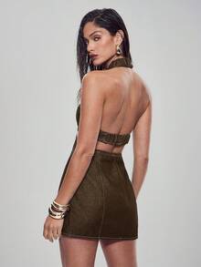 Denimoi Cut Out Halter Neck O-Ring Detail Denim Mini Dress - Brown - View 5