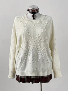 Sunspun Plus Size Solid Color Textured Chill Pullover Sweater, Autumn/Winter Fall Cloth For Women - White - View 4