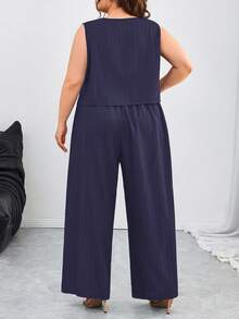 SHEIN CURVE+ Bộ vest + quần dài/áo phông họa tiết cho kỳ nghỉ thường ngày cỡ lớn, mùa tốt nghiệp, trở lại trường - Màu xanh hải quân - Xem 3