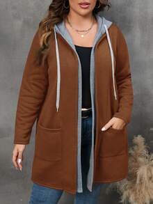 SHEIN LUNE 冬季女装两用口袋抽绳连帽大衣 - 棕色 - 查看 3