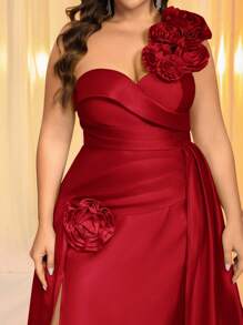 Glamrae Váy dạ hội trang trọng hở vai cổ tim thanh lịch & lãng mạn cỡ lớn 3D trang trí hoa xẻ cao viền đuôi cá - Đỏ - Xem 4