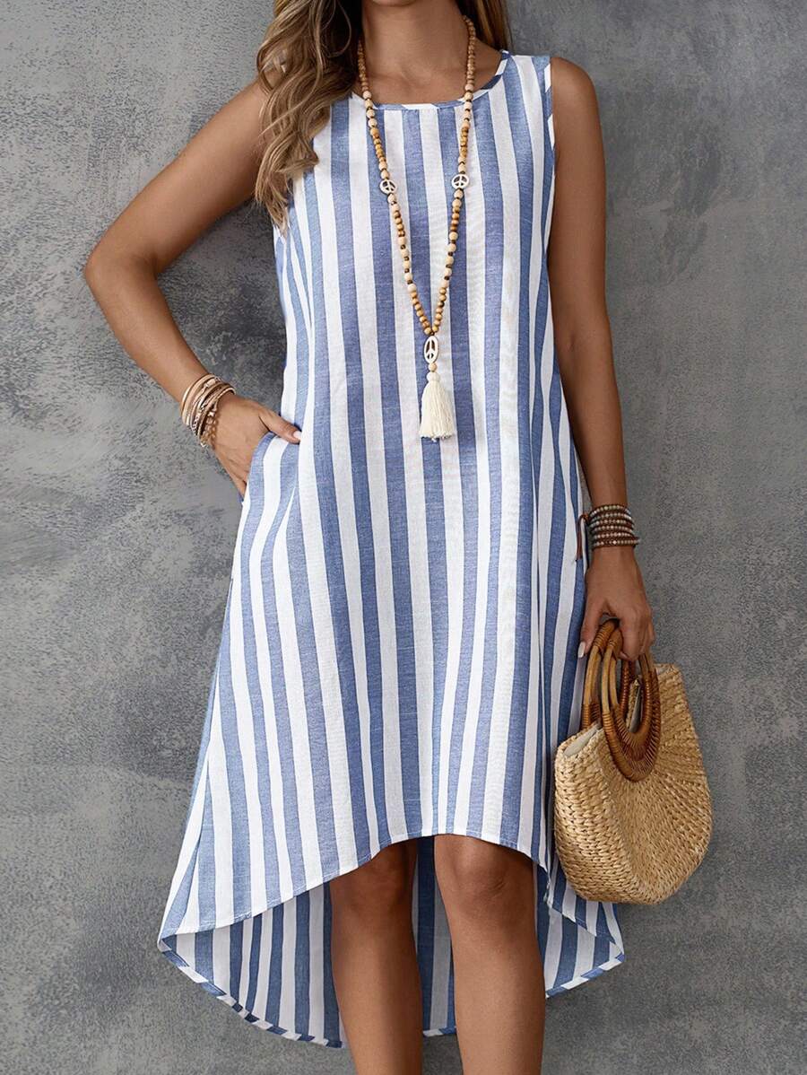 EMERY ROSE Summer Vacation Casual Colorblock Striped Asymmetric Hem Sleeveless Dress - Multicolor - View 1