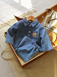 Vintaside Kids Bộ 2 áo khoác denim tay dài cổ xanh thời trang cho bé trai, áo sơ mi và quần dài, họa tiết thêu hình gấu, phù hợp mặc thường ngày mùa thu/đông - Rửa nhẹ - Xem 3