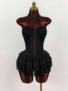 Amplova Váy ngắn hở vai nhiều lớp phối ren đen, váy mùa hè dành cho nữ - màu đen - Xem 5