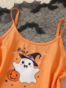 Conjunto de pijama de 2 piezas con camiseta de tirantes con gráfico minimalista de fantasma de Halloween y shorts para niña preadolescente, pijamas de Halloween de vuelta a la escuela - Naranja - Ver 4