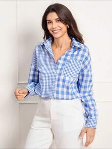 Miaspire 女士格子拼接落肩优雅衬衫 - 藍白色 - 查看 6