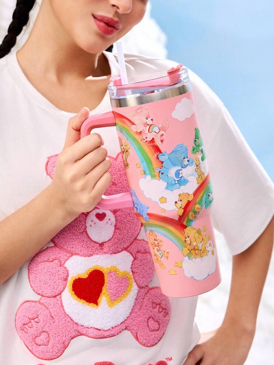 SHEIN X Care Bears 40oz Tumbler With Handle, Insulated Cup, Vacuum Insulated Water Bottle, Stainless Steel Travel Mug, Car Mug - Pink - View 1
