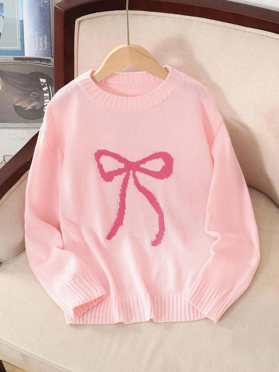 SHEIN Tween Girl Loose Casual Minimalist Comfortable Round Neck Pullover Sweater With Bow Design Fall Winter - Baby Pink - View 1