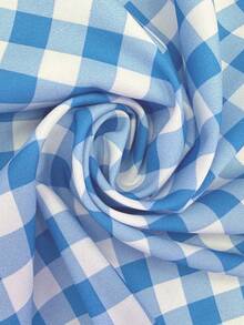 SHEIN LUNE Blue & White Plaid Short Sleeve Casual Plus Size Shirt For Women, Suitable For Everyday Wear - Blue - View 5