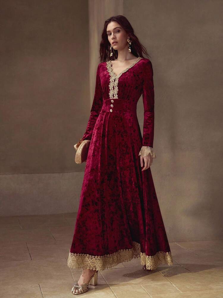 V-NECK GOLD LACE PATCHWORK VELVET JACQUARD WAIST-CINCHED A-LINE DRESS, ELEGANT & MINIMALIST