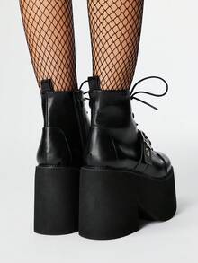 ROMWE Grunge Punk Giày bốt chiến đấu đế dày phong cách Gothic dành cho nữ, mũi tròn, gót vuông dày 4,5 inch, khóa kéo bên hông, bốt cao đến mắt cá chân bằng da đế xuồng buộc dây kiểu Punk, bốt đi làm ngoài trời, phong cách Halloween - màu đen - Xem 3