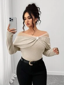 Elenzga Suéter elegante de talla grande con parches de malla y decoración de cuentas, con hombros descubiertos, adecuado para primavera y otoño - Caqui - Ver 1