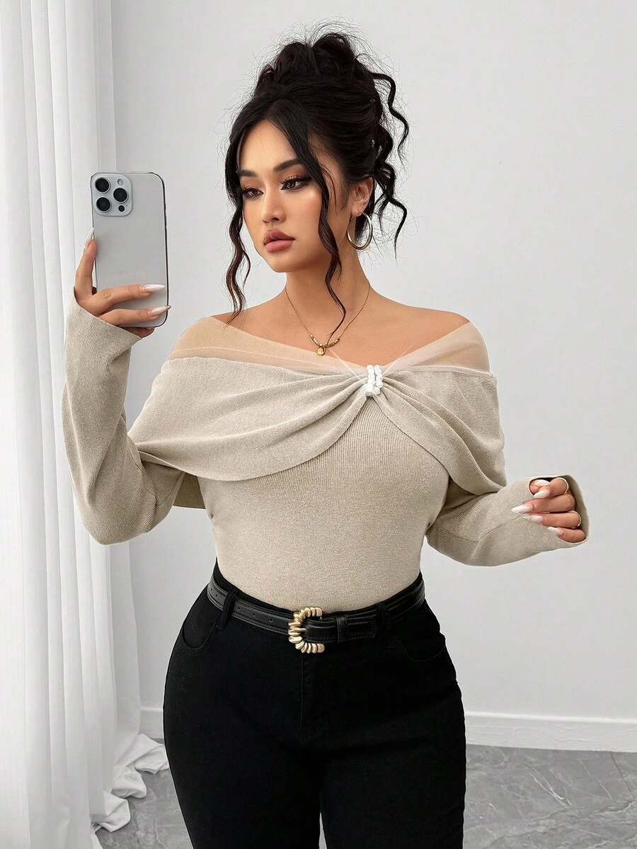 Elenzga Suéter elegante de talla grande con parches de malla y decoración de cuentas, con hombros descubiertos, adecuado para primavera y otoño - Caqui - Ver 1