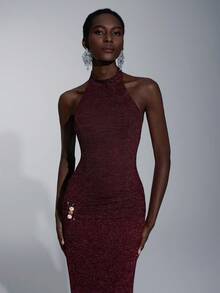 Elitara 优雅、浪漫、端庄、简约、酒红色、针织弹力面料、鱼尾下摆、拖尾、时尚、网红、节日、度假、生日派对、婚礼活动、伴娘礼服、舞会礼服、伴娘礼服 - 酒紅色 - 查看 5