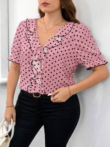 SHEIN Clasi 大码女式圆点 V 领荷叶边衬衫，白色和黑色，春季 - 粉色 - 查看 3