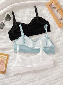 SHEIN 青少年女孩简约舒适褶皱 V 领可调节加厚透气柔软 3 件内衣套装，包含可拆卸胸垫、可调节肩带 - 彩色 - 查看 2