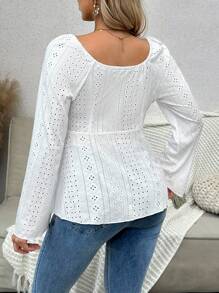 SHEIN 孕妇休闲镂空刺绣修身前抽绳长袖T恤，秋季 - 白色 - 查看 2