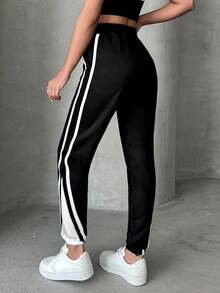EURMUSE 95% Cotton Cottnline Drawstring Pocket Side Stripe Striped Sweatpants - Black - View 2