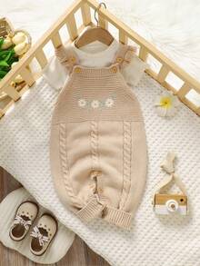 SHEIN 1 件粉色荷叶边吊带连体裤，精致刺绣连体裤，女婴针织，时尚甜美装 - 杏色 - 查看 8