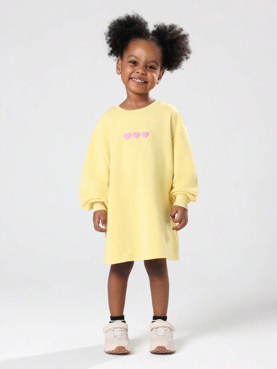 SUMWON 女孩情人节心形印花长袖 T 恤连衣裙可爱甜美休闲日常运动衫束腰外衣秋冬春季粉色心形图案 - 黃色 - 查看 1