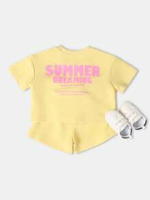 SUMWON 夏日梦幻两件套粉彩套装短款上衣高腰短裤休闲海滩度假阳光加州游玩服女童 - 黃色 - 查看 1