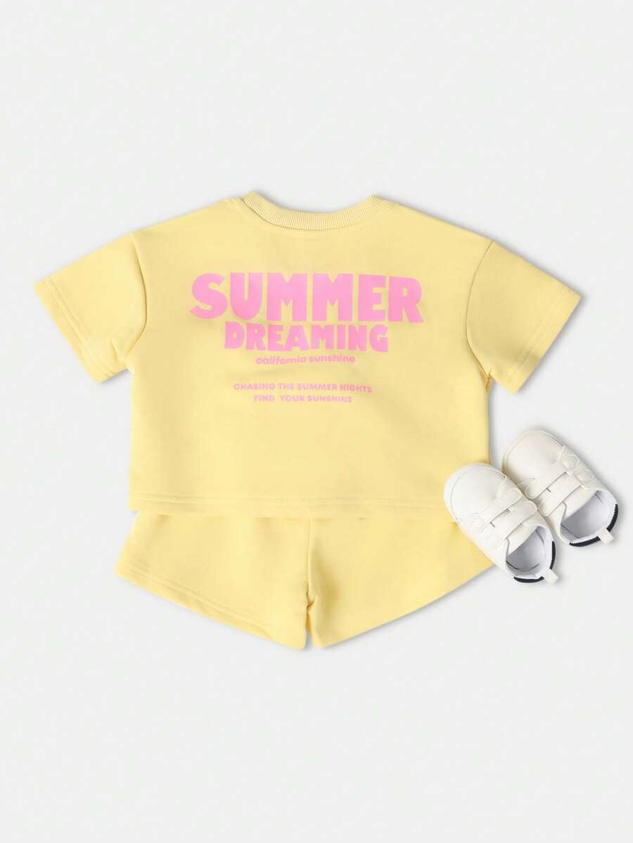 SUMWON 夏日梦幻两件套粉彩套装短款上衣高腰短裤休闲海滩度假阳光加州游玩服女童 - 黃色 - 查看 1