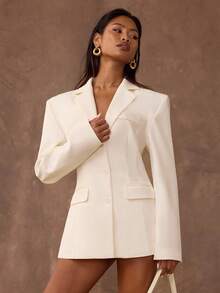 SHEIN BAE 女士优雅纯色腰部收紧西装外套，适合通勤 - 杏色 - 查看 5