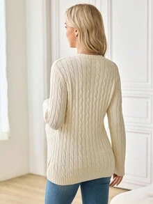 SHEIN Maternity Knight Pattern V-Neck Long Sleeve Casual Sweater, Autumn - White - View 2