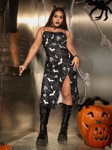 SHEIN EZwear Plus Size High Slit Bat Print Spaghetti Strap Dress, For Halloween Party  Halloween Clothes - Black and White - View 6