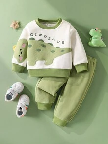 SHEIN 两件套男婴恐龙印花休闲上衣+裤子套装，秋冬 - 綠色 - 查看 1
