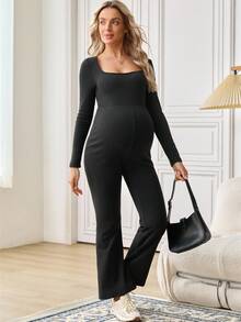 SHEIN Maternity Solid Color Square Neck Long Sleeve Flare Jumpsuit - Black - View 6