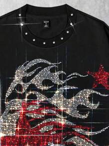 ROMWE MEN Street Life Men's Fashion Rhinestone Face & Star Print Long Sleeve T-Shirt, Fall, 2000s Style - Black - View 4