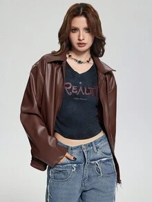 Sparklyn Chaqueta con cremallera y solapa de estilo punk para mujer, otoño/invierno - Marrón Chocolate - Ver 4