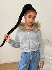 SHEIN Tween Girl Colorblock Fuzzy Decor Hooded Zip-Up Sweatshirt , Winter , Graduation Long Sleeve Top, Back To School, Faux Fur Collar Mommy And Me Matching Sets (2 Pieces Sold Separately) Grey - Grey - View 3