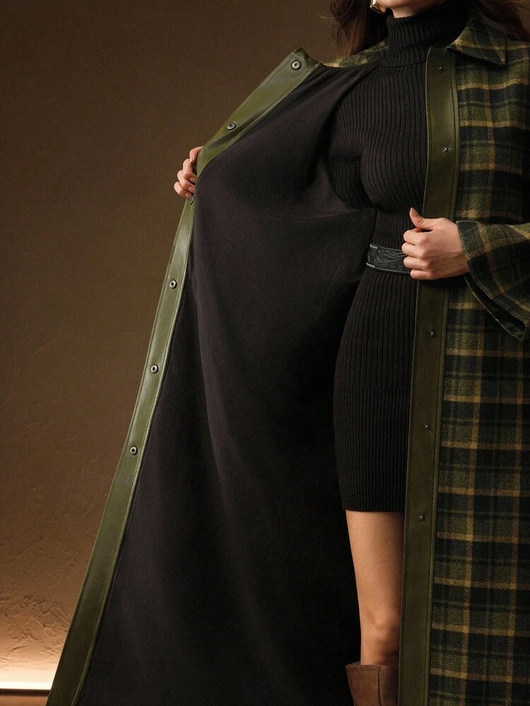 Women's Elegant Classic Vintage Plaid Patchwork PU Leather High Collar Long Loose Wool Coat, Suitable For Halloween, Christmas, Fashion