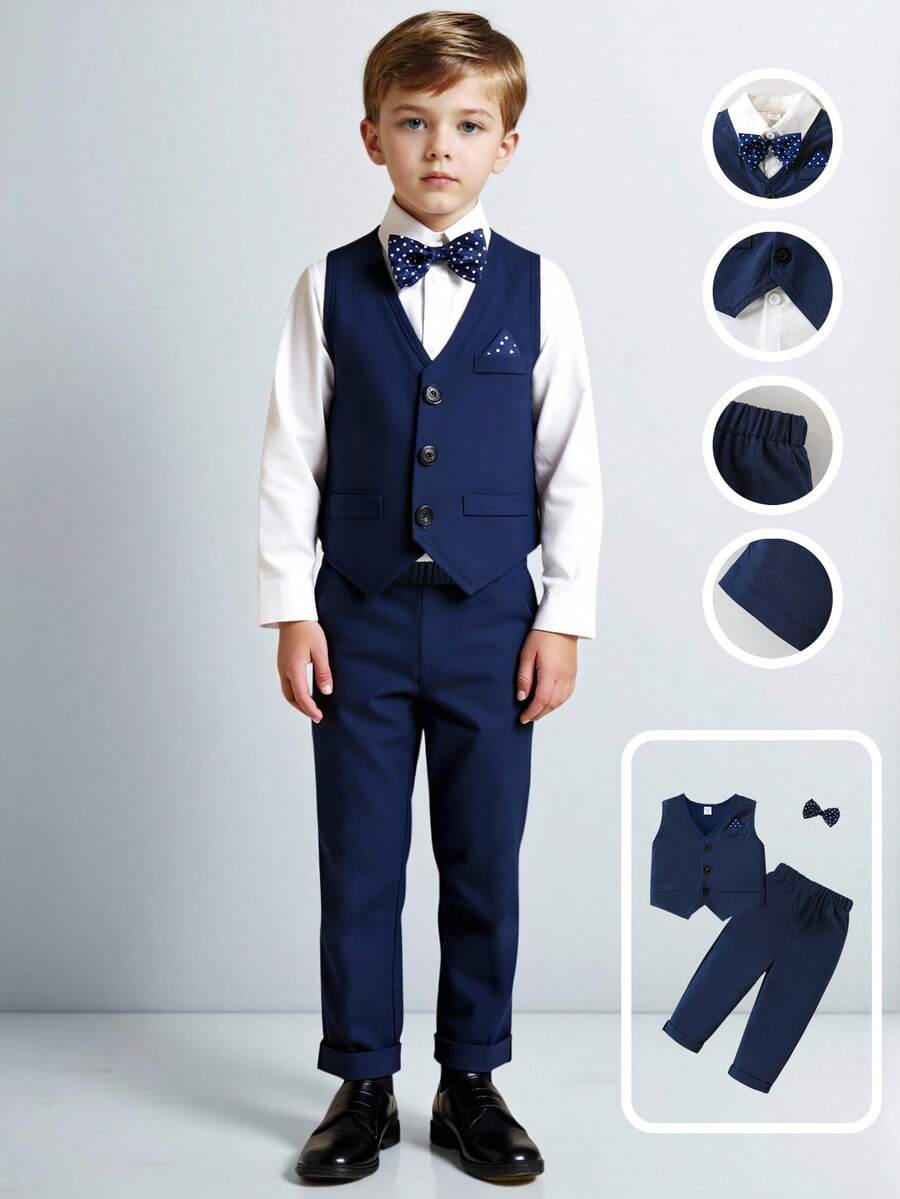SHEIN 3pcs Young Boy Premium Elegant Casual Formal Suit Set. Solid Color Slim Fit Vest + Casual Suit Pants + Detachable Polka Dot Bow Tie 3-Piece Set, Contrast Color Handkerchief Decor On Chest And Bow Tie, Suitable For Evening Party, Hosting, Performance, Gathering, Runway, Christening, Birthday, Wedding, Graduation Season, Spring/Summer