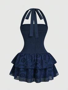 Sweetra Plus Size Women's Vacation Tie-Dye Embroidered Waist Drawstring Halter Casual Ruffle Hem Dress - Navy Blue - View 2