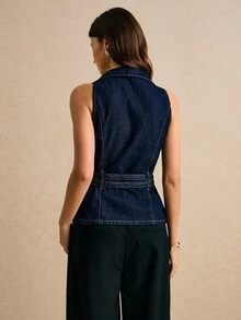 2026 Parte superior de mezclilla sin mangas con diseño de hebilla en la cintura y cuello en V para mujer - Negro - Ver 9