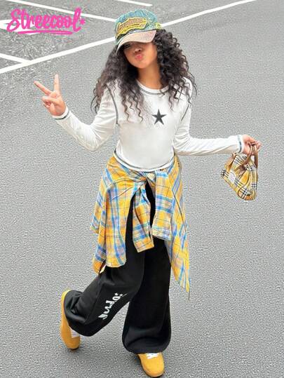 SHEIN Explorewe Set de 2 piezas de ropa casual de estilo urbano para niñas preadolescentes: top corto con estampado gráfico de bloques de color y pantalones deportivos estampados, adecuado para uso diario, ir y venir, ocio, vacaciones, fotografía callejera entre hermanas, otoño/invierno