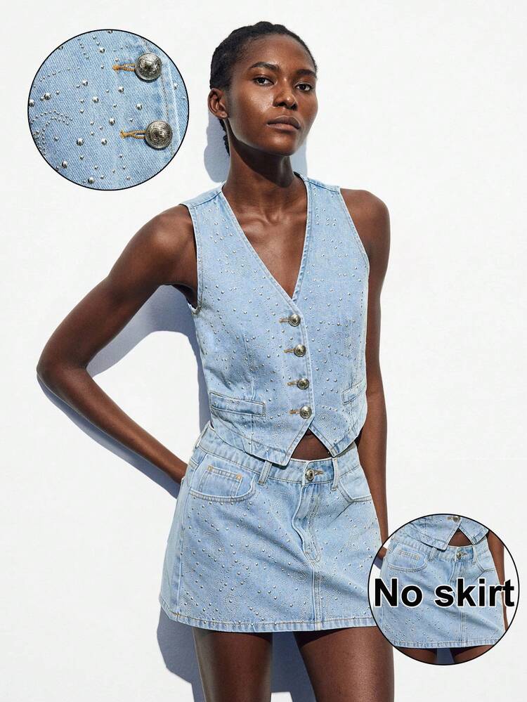 SHEIN Maija Women's Light Blue Denim Top Retro Beaded Sleeveless Vest Jacket Autumn Western Cowboy 2000s Style Fall