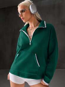 EURMUSE 女士、秋季、冬季、运动衫、蓝色、蕾丝撞色、超大、拉链、口袋 - 綠色 - 查看 2