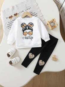 SHEIN 2 件套女婴可爱卡通图案长袖运动衫和裤子套装，秋冬秋季衣服 - 彩色 - 查看 12